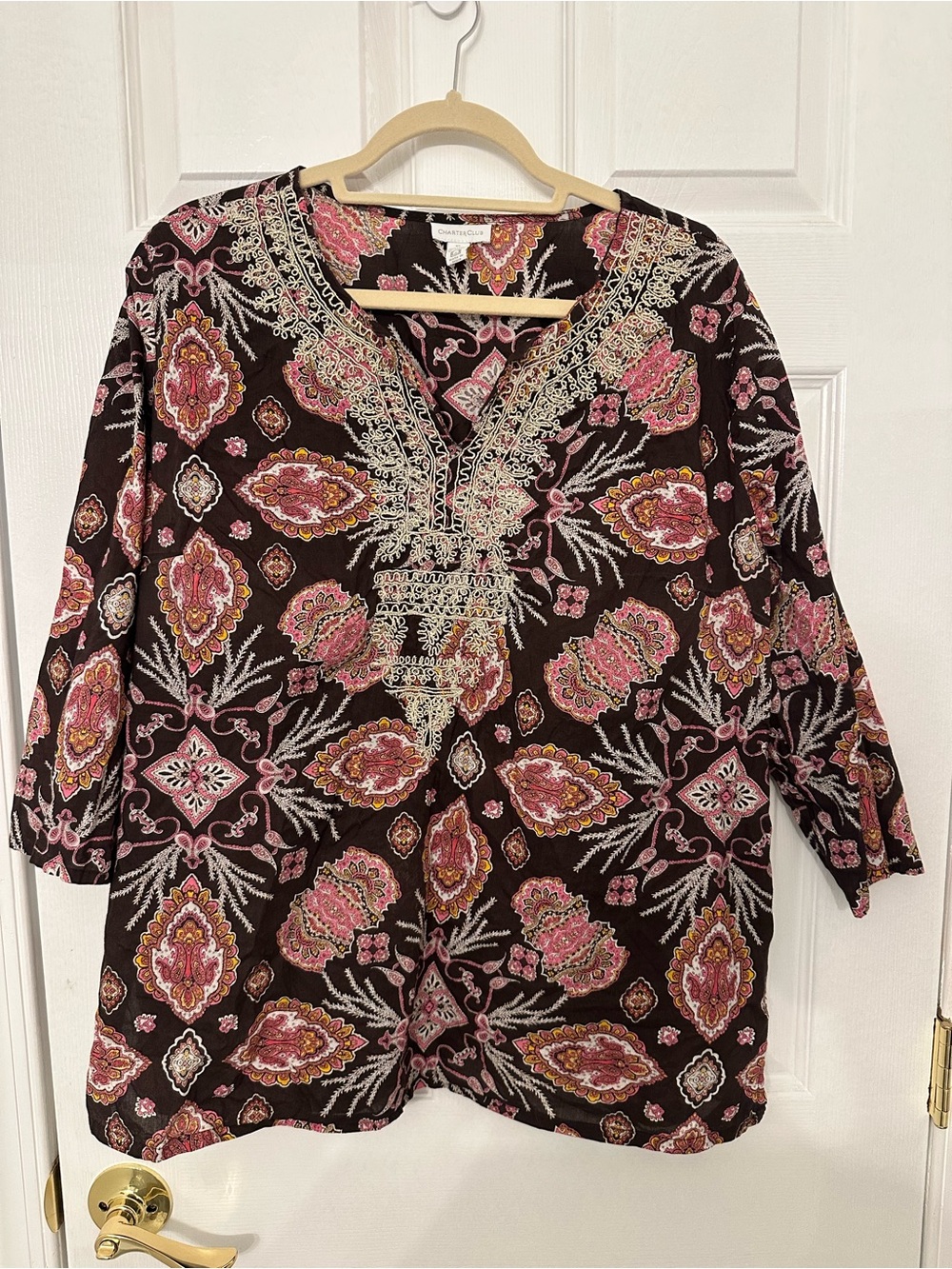 Charter Club Paisley Embroidered Cotton Tunic Top Brown Pink Gold XL Boho